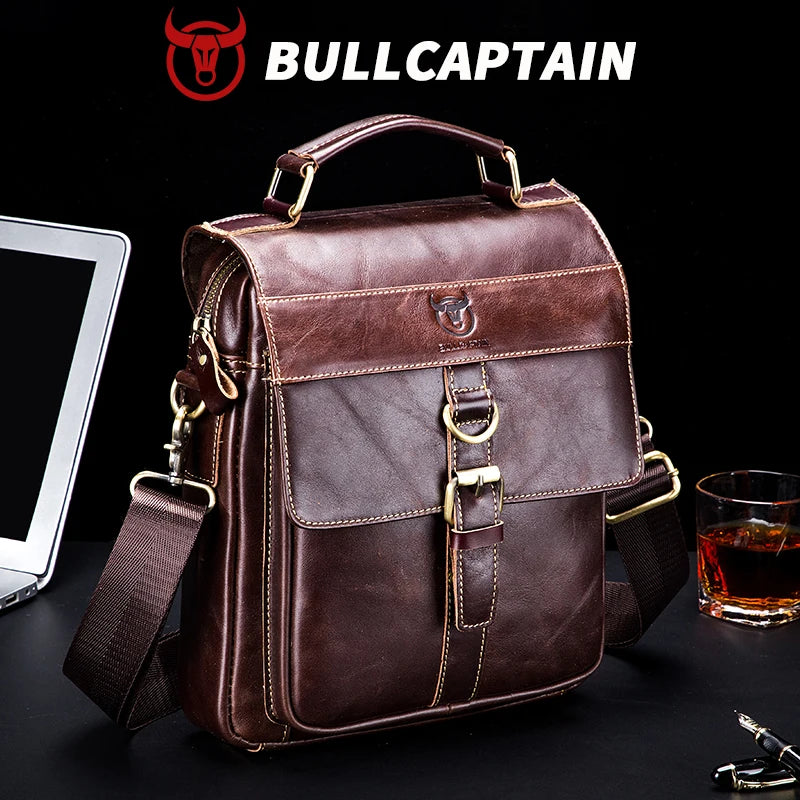 BULLCAPTAIN vintage brown genuine leather messenger bag with handle, adjustable strap, and buckle closure.