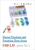 Dental finishing and polishing discs in various colors with storage case, shown in use for tooth surface refinement.
