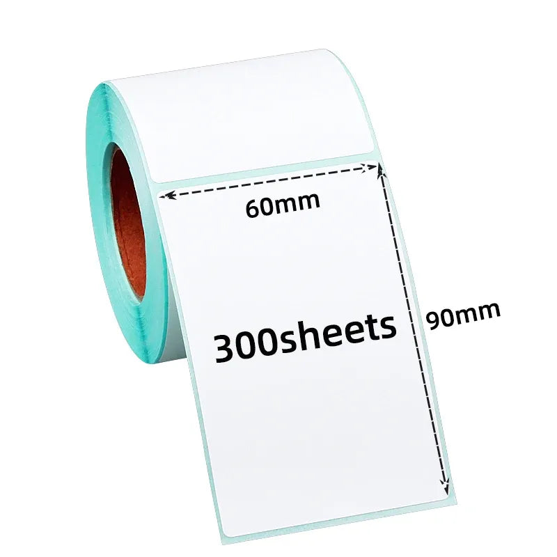Sky blue direct thermal label roll, 60mm x 90mm size, 300 sheets