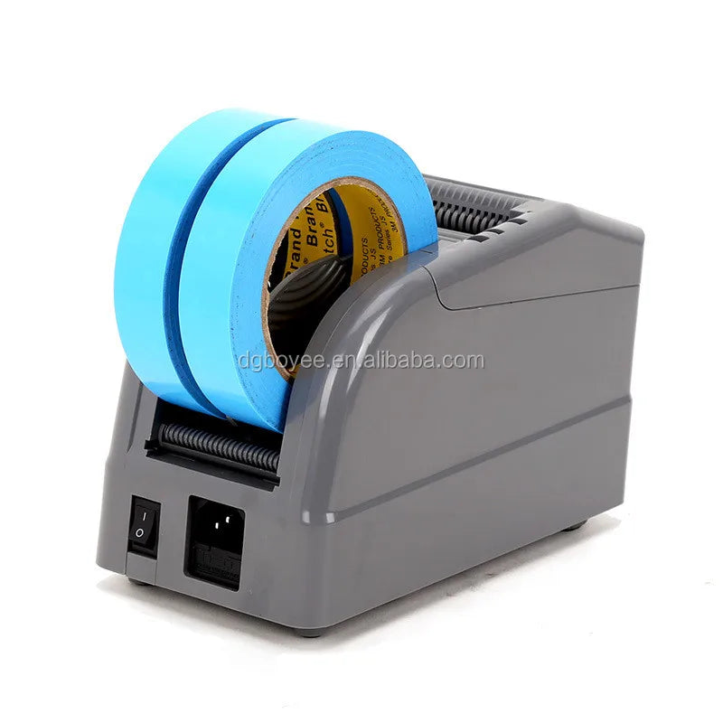 Automatic tape dispenser with light blue tape roll and front power switches, gray body