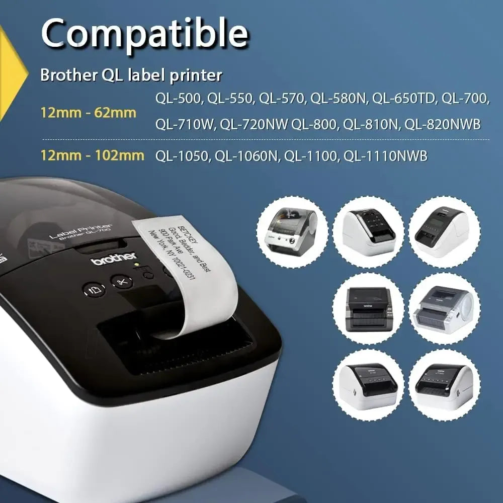 White label tape roll for Brother QL label printers, shown with compatibility icons