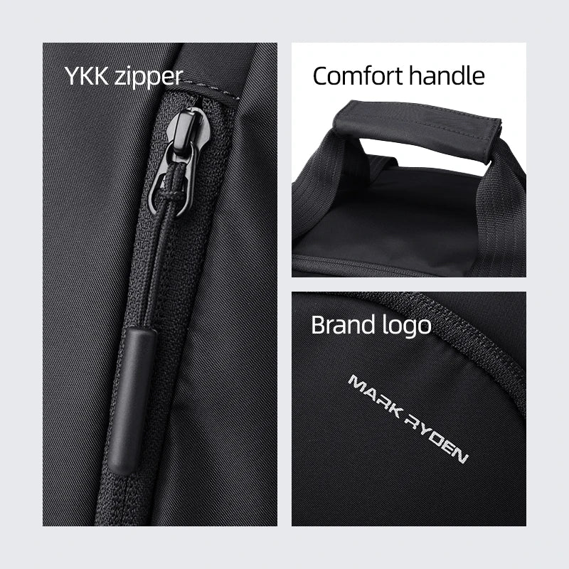 Black Mark Ryden travel trunk features durable fabric, YKK zippers, comfort handle, and minimalist brand logo detail.