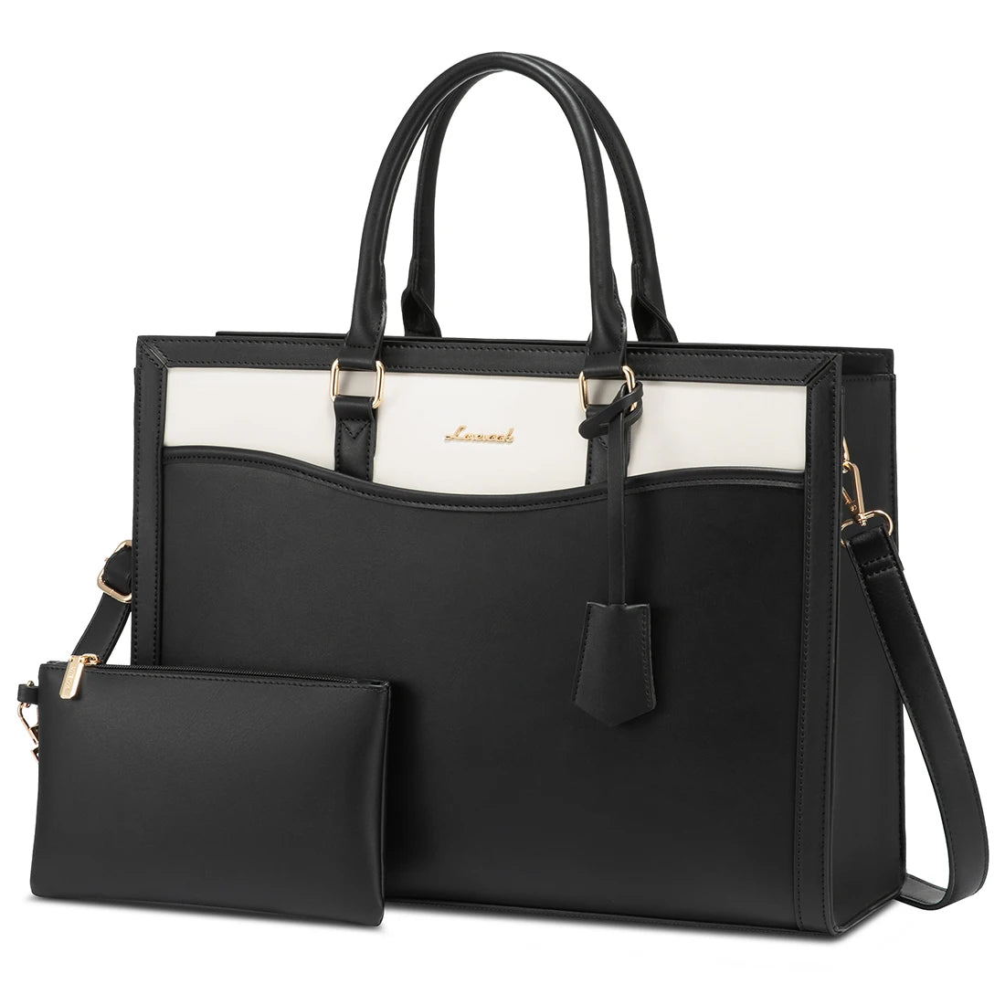 LOVEVOOK black and white leather laptop tote bag with matching pouch, designer business handbag for women.