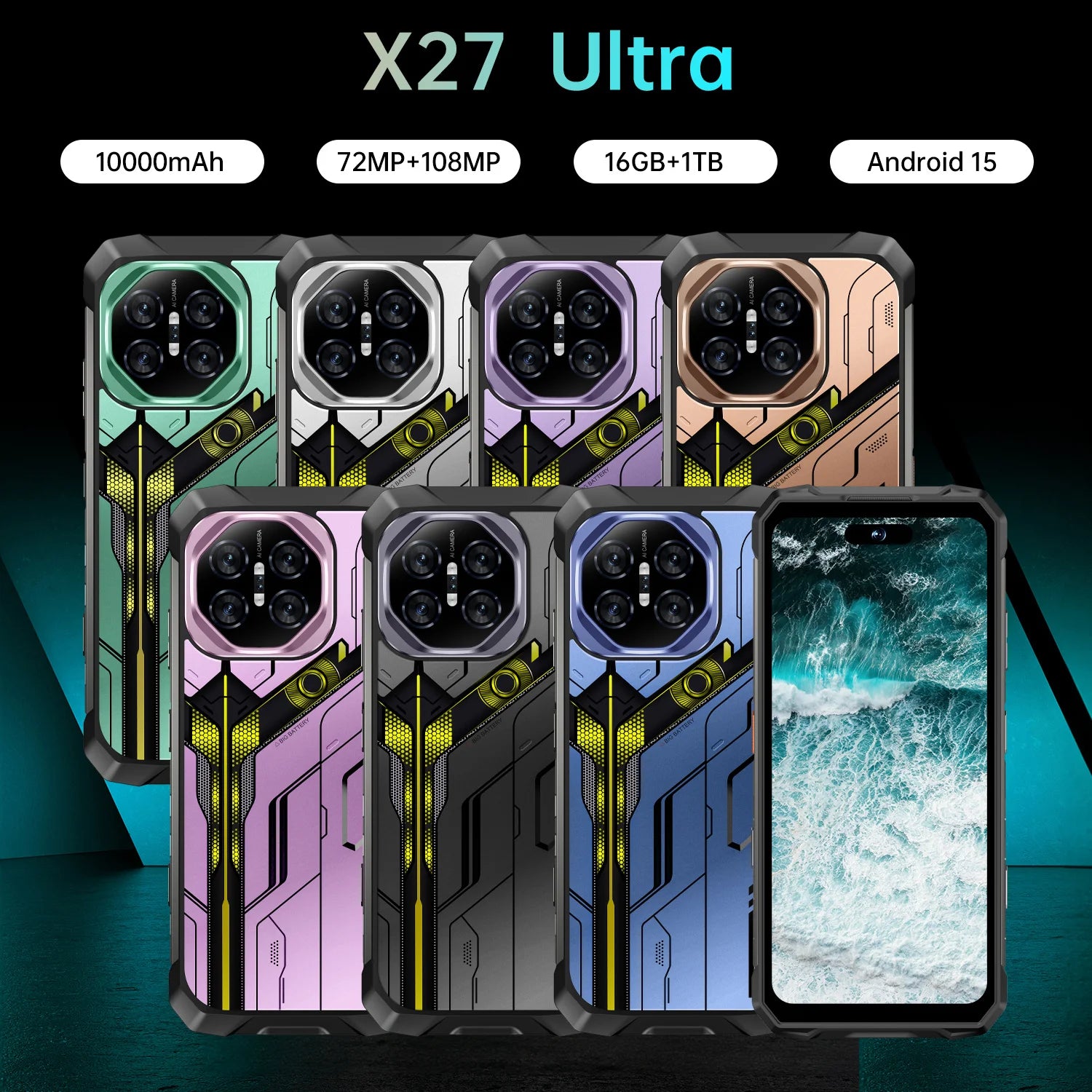 Tidesmit X27 Ultra Android smartphone showing the slim metallic design and large 7.2 inch display from the side.