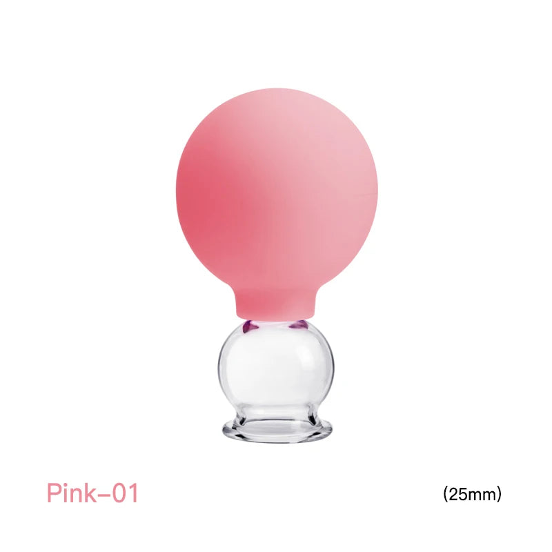 Pink silicone vacuum cupping massage tool with a clear glass jar base, 25mm size.