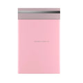 Pink poly mailer shipping envelope, flat front with gray seal strip