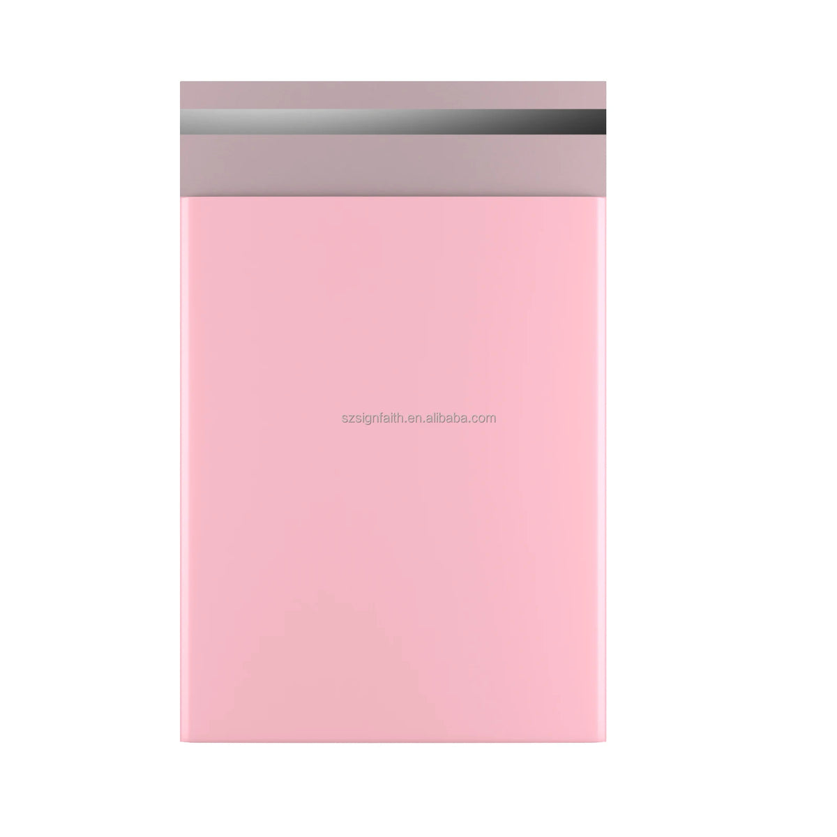 Pink poly mailer shipping envelope, flat front with gray seal strip
