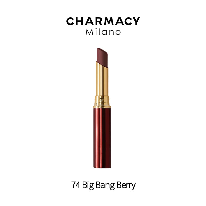 Charmacy long-lasting velvet matte lipstick in 74 Big Bang Berry, a deep berry shade in a gold and red tube.