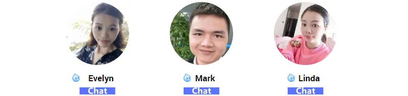 Three circular customer profile icons with blue chat labels