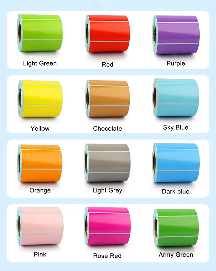 Set of colored roll label stickers: orange, light grey, dark blue, pink, rose red, army green