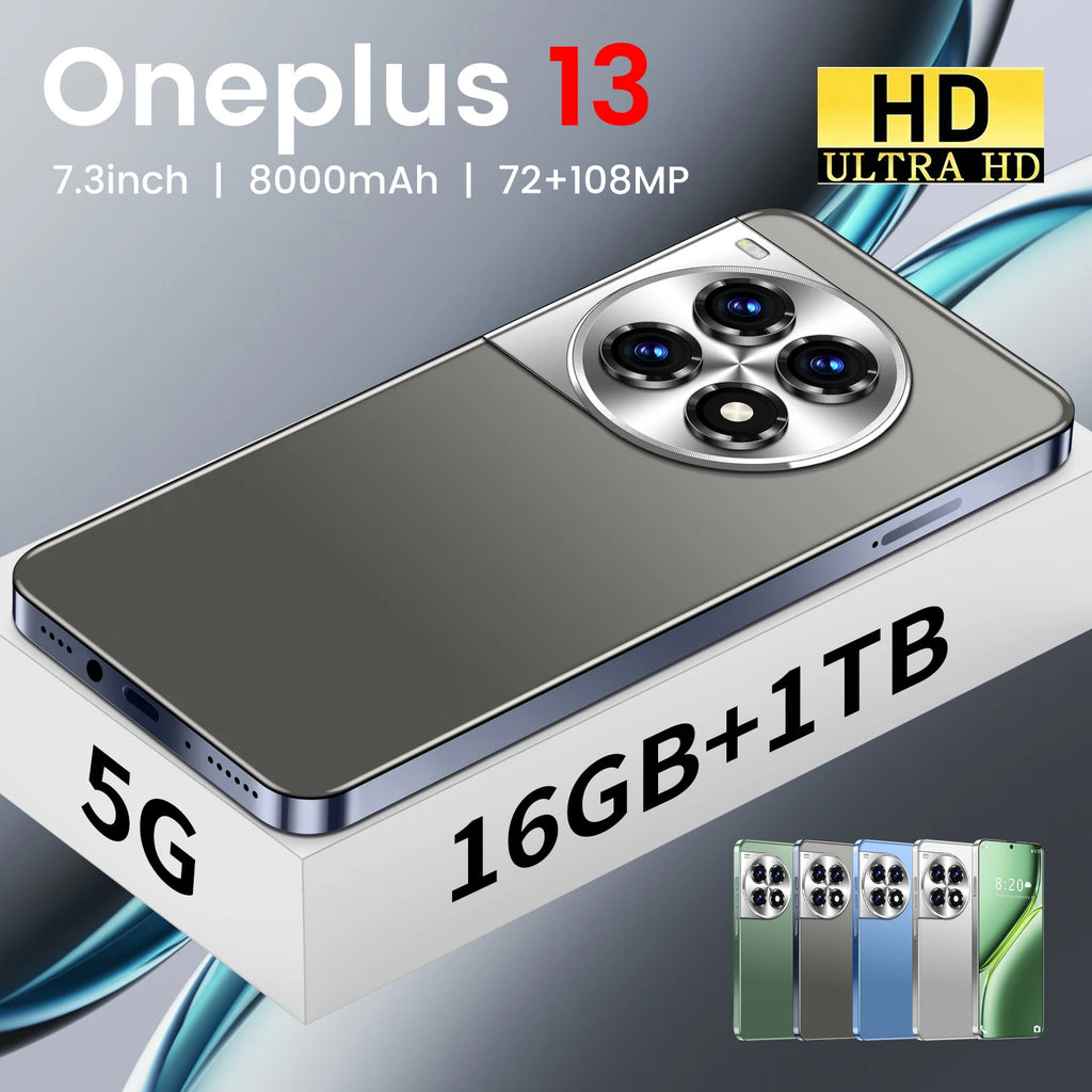 OnePlus 13 Global Version smartphone with 7.3-inch screen, 16GB RAM and 1TB storage showing side profile angle