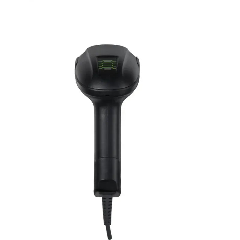 Black handheld wireless barcode scanner front view with green signal icon and cable