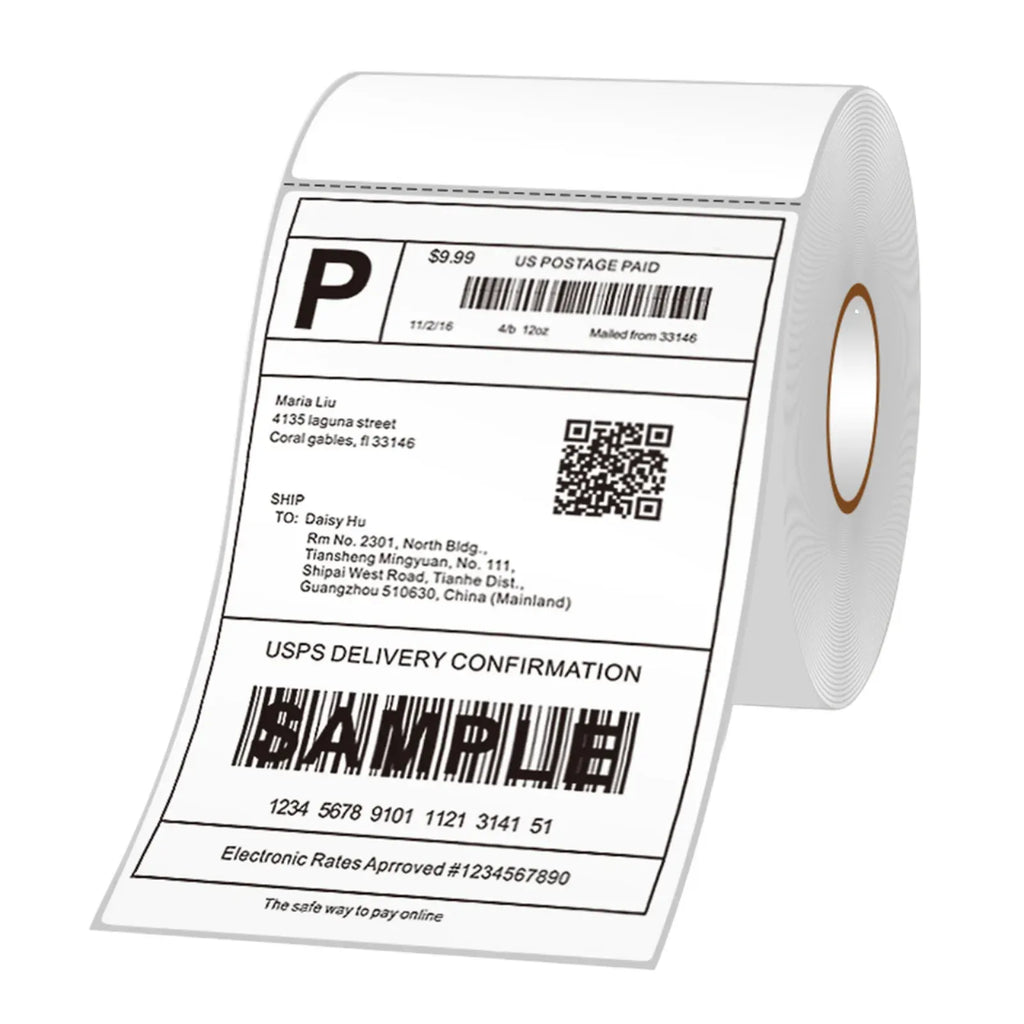 White direct thermal label sticker on a roll, showing barcodes and QR code