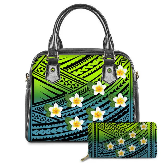 Polynesian tribal print leather handbag and wallet set with colorful gradient background and white plumeria flowers.