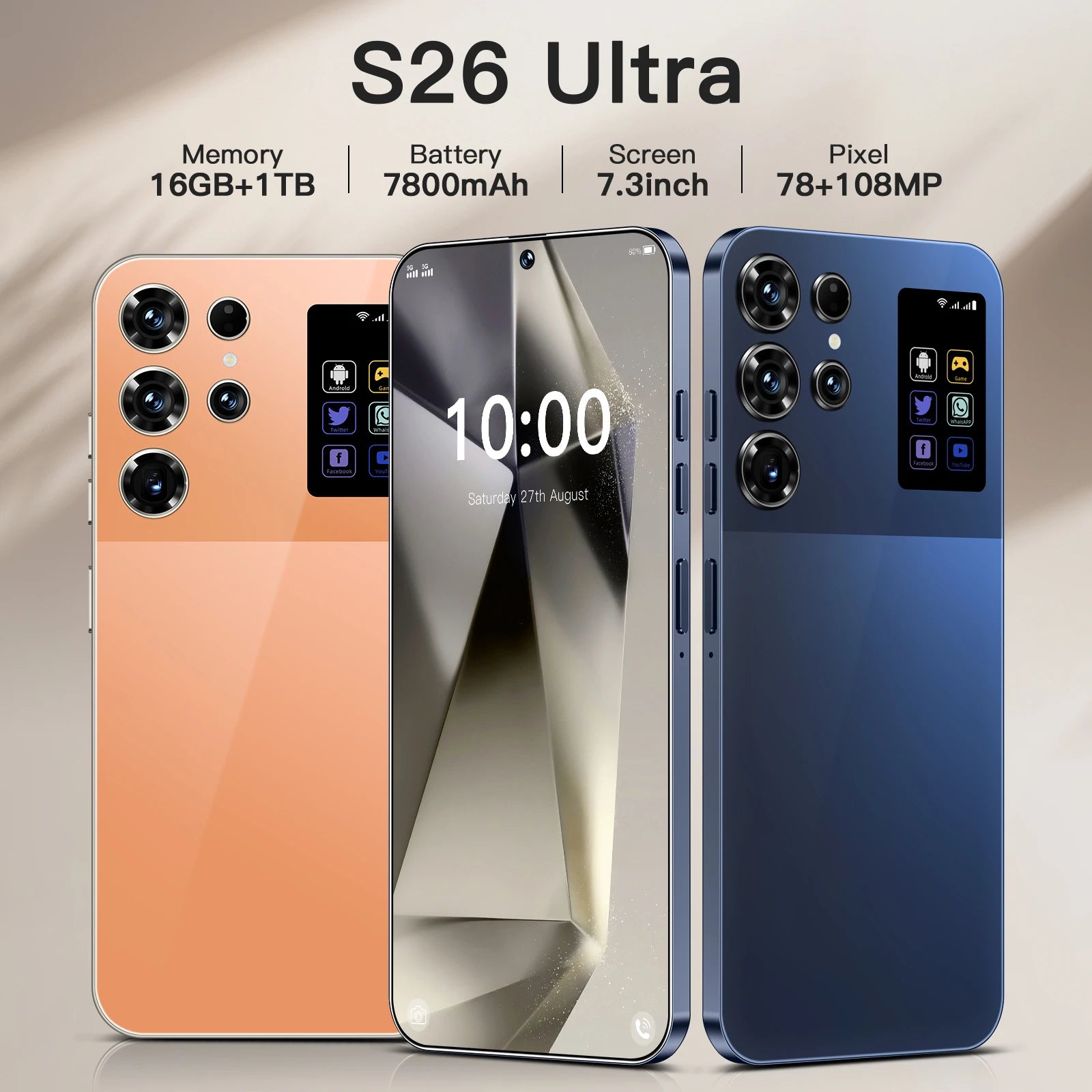 Tidesmit S26 Ultra smartphone featuring a stunning 7.3-inch HD display and powerful camera system.