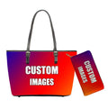 2-piece set: leather tote handbag and matching wallet with vibrant red, orange, and purple tribal gradient print.
