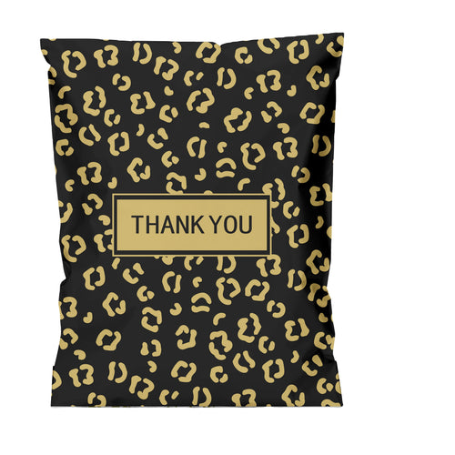 Black leopard-print polyethylene mailing bag with "THANK YOU" label