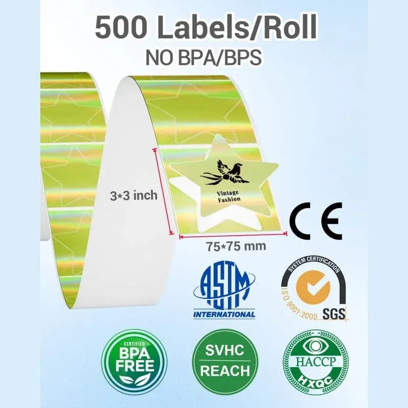 Thermal label roll with gold reflective star design, 3x3 inch, 500 labels