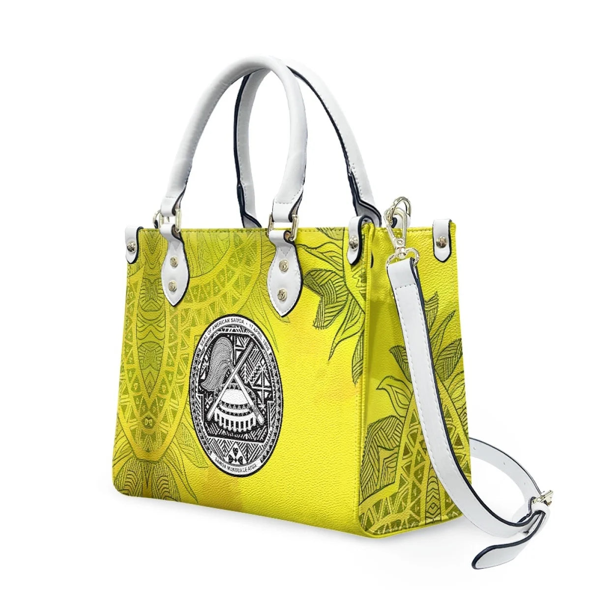 Yellow leather shoulder bag with white handles, featuring Samoan tribal patterns and the American Samoa seal.