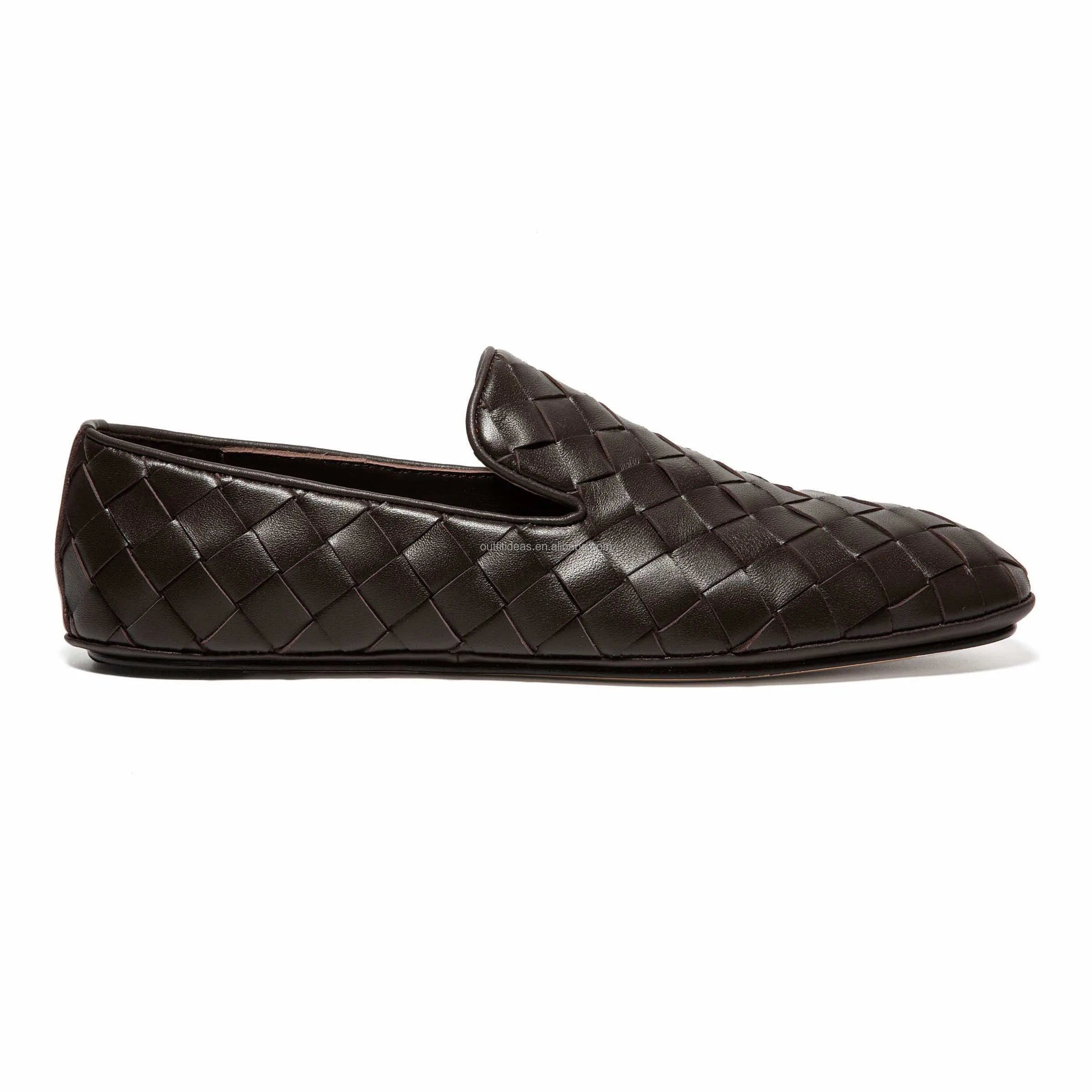 Large Size 47 Genuine Leather Intreccia Sunday Slippers Unisex Women Slip-on Dress Men Wedding Shoes Brown Men Leather Loafers
