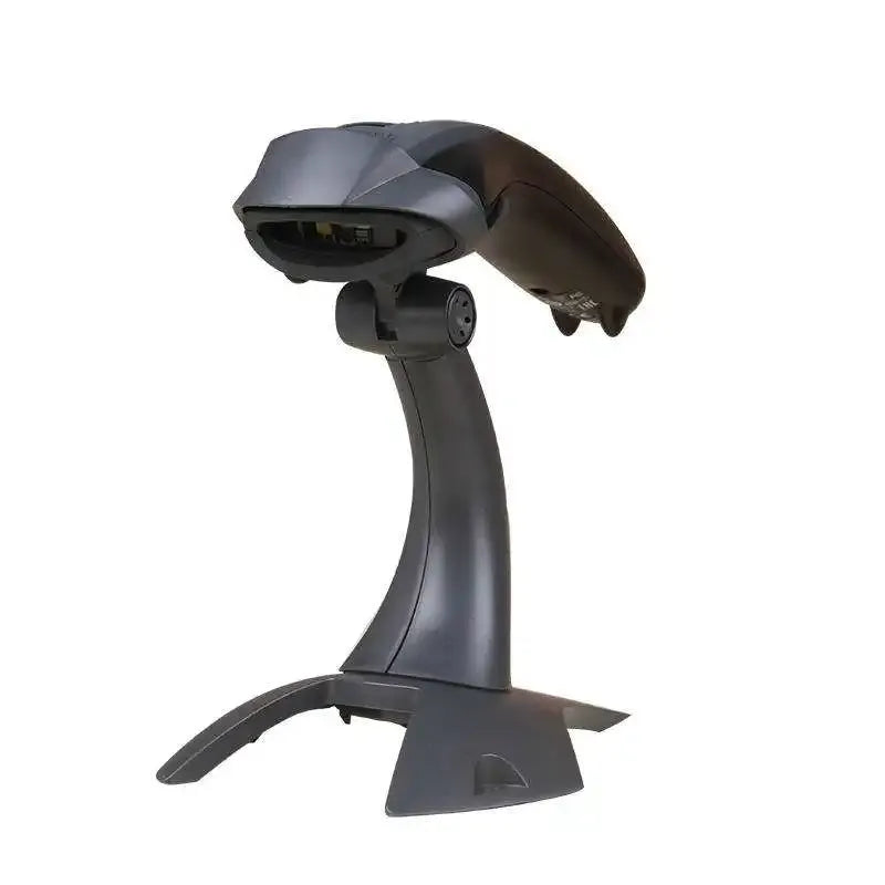 Black handheld barcode scanner with stand base and round port detail on top