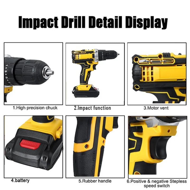 Wiredless Impact Drill Screwdriver Rechargeable Battery Cordless Hammer Drill 25+3Torque Setting Electric Screwdriver Power Tool