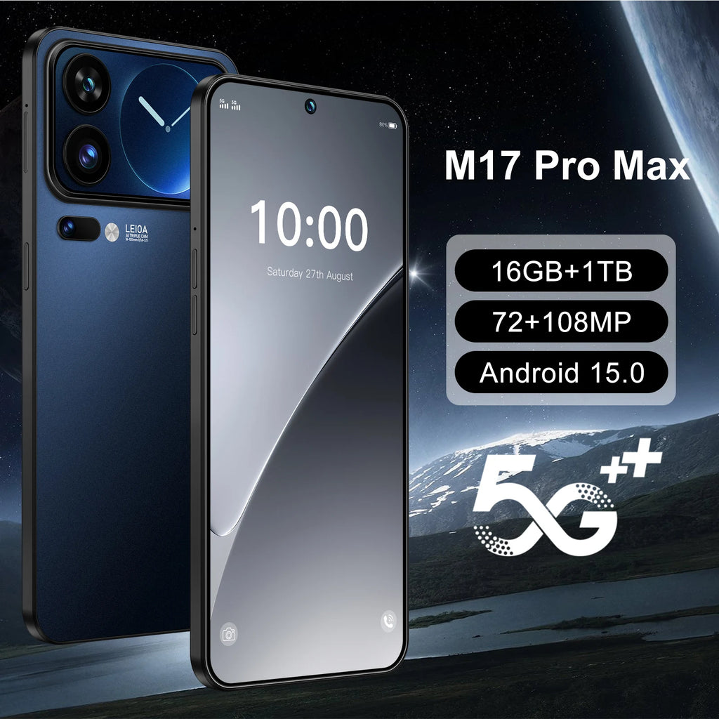 Tidesmit M17 Pro Max 5G smartphone with 108MP camera, 16GB RAM, 1TB ROM in sleek design for professional use.