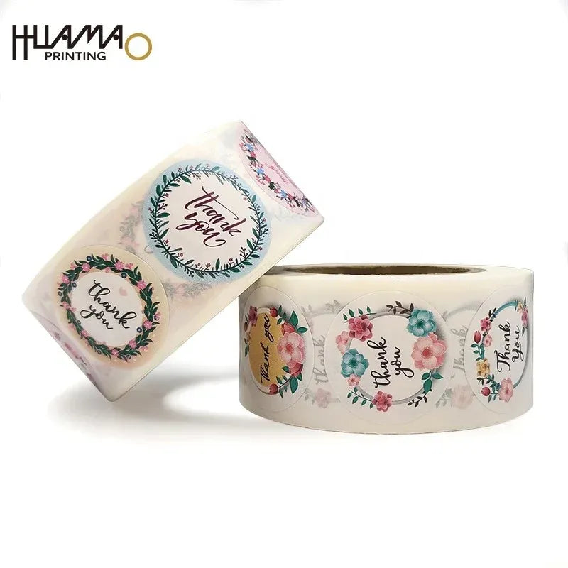 Floral thank-you sticker roll with round wreath “Thank you” designs, waterproof vinyl