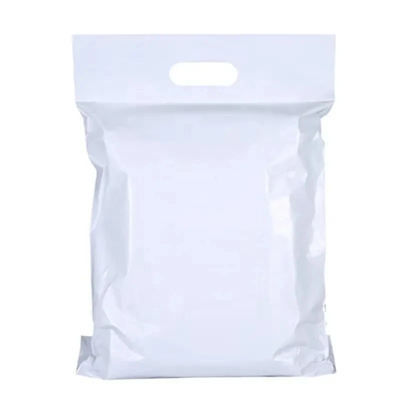 White plastic poly mailer bag with top handle cutout