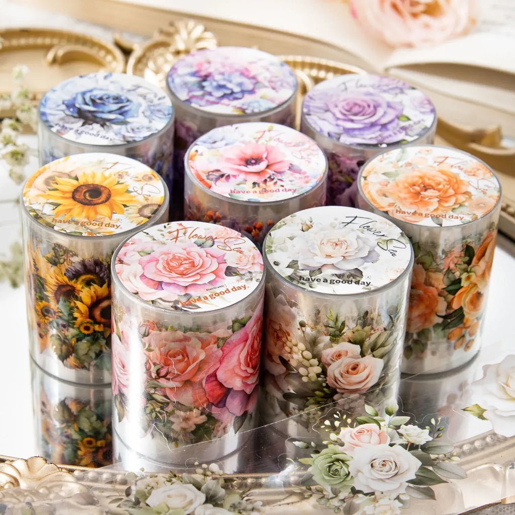 Floral PET masking tape rolls in clear cylinders, pastel roses and greenery