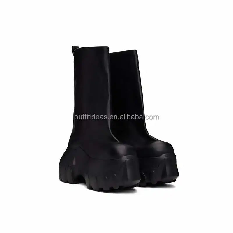 Round Toe Calf Leather Original Unisex Women High Block Heel Platform Dress Shoes Black Men Hollywood Flared Mega Tractor Boots