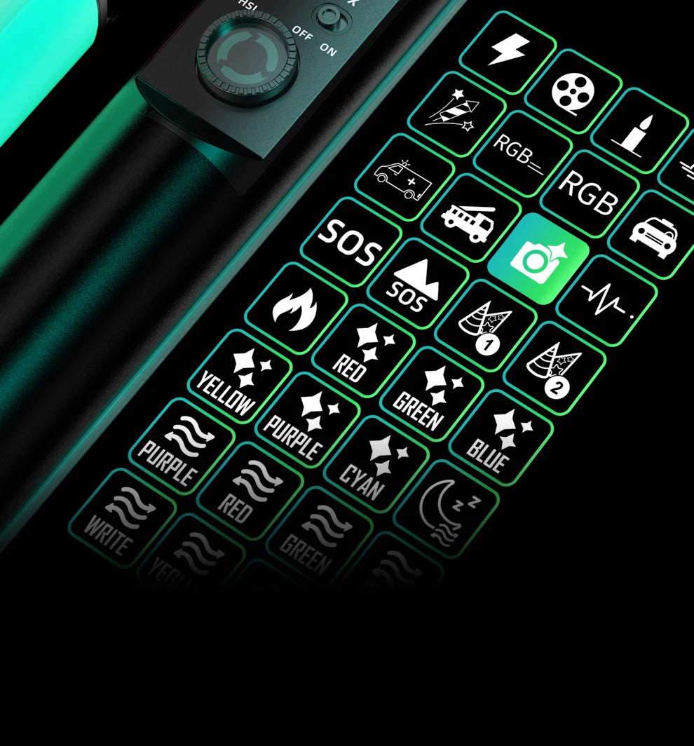 Black RGB light wand with a control panel featuring a grid of backlit icons for various lighting effects and colors.