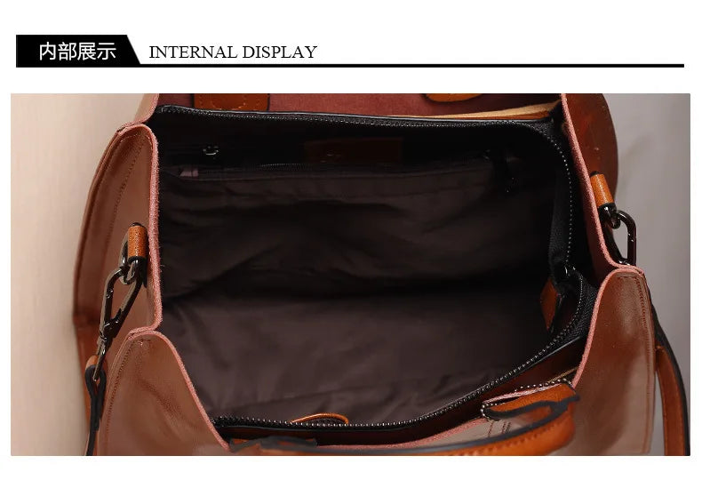 Interior of a luxury brown genuine leather trunk handbag, showing a spacious fabric-lined compartment with a zip pocket.