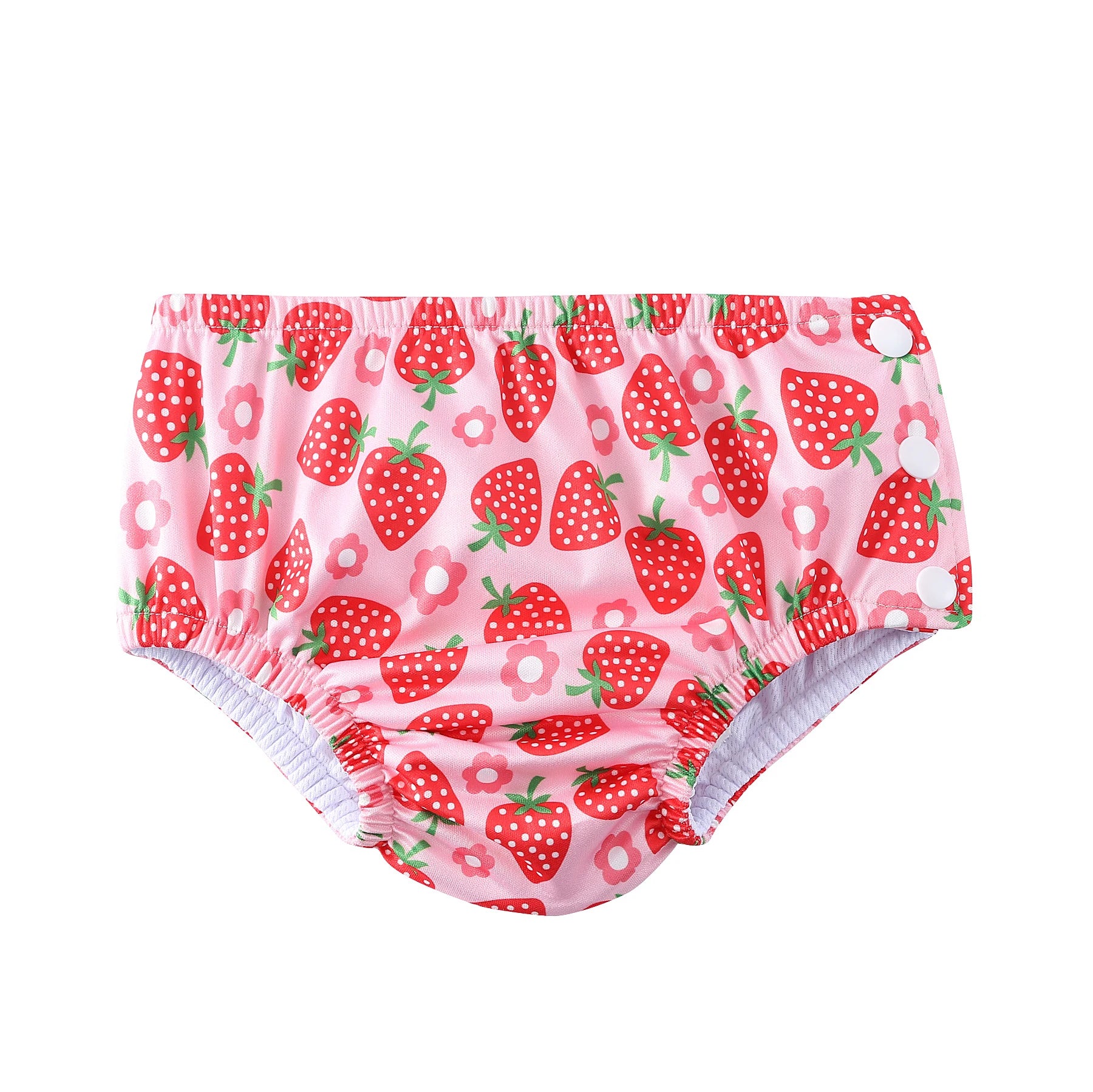 Reusable baby swim diaper featuring pink strawberry pattern with adjustable side snaps.