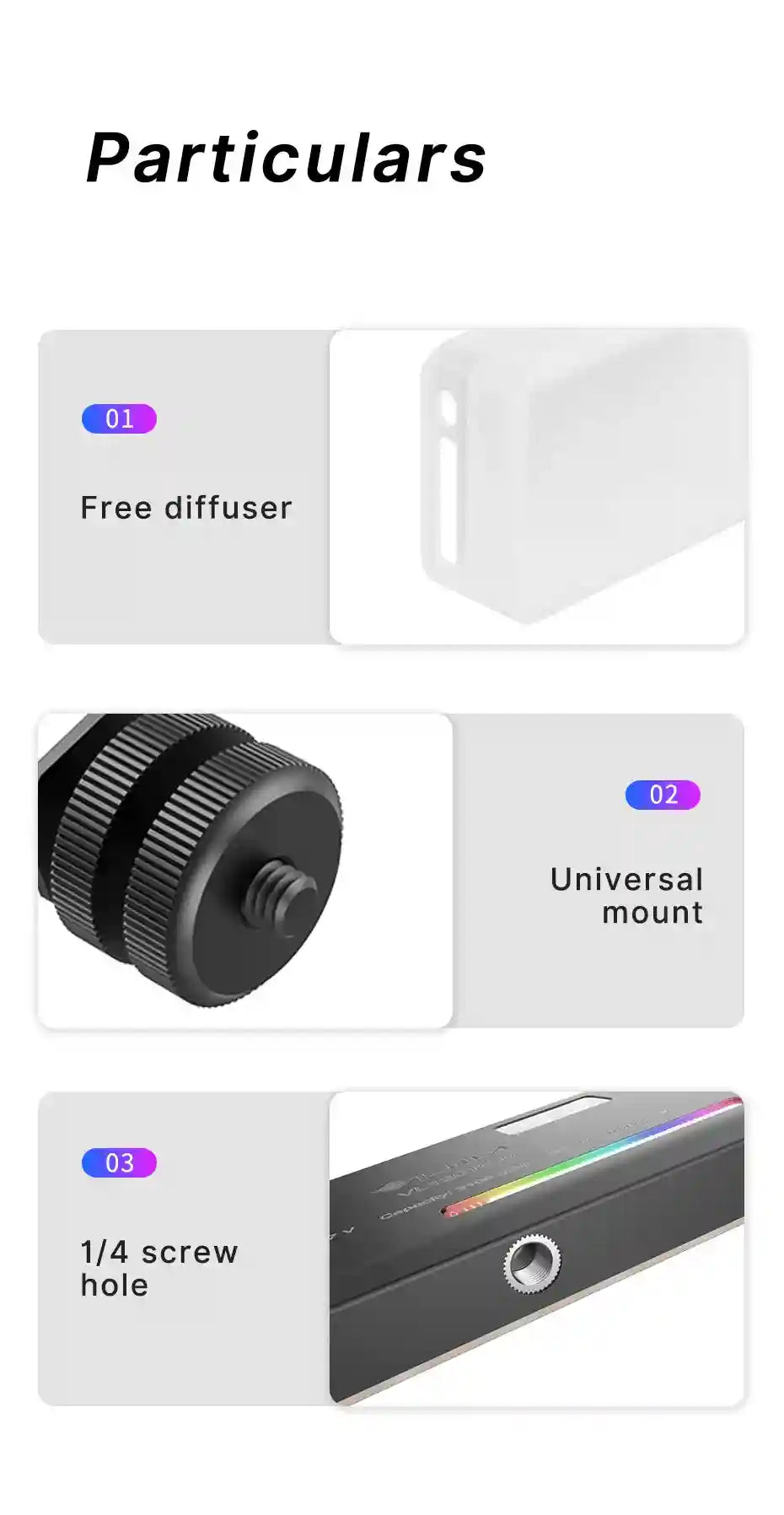 White silicone diffuser, black circular camera mount, and 1/4-inch screw hole for LED light accessories.