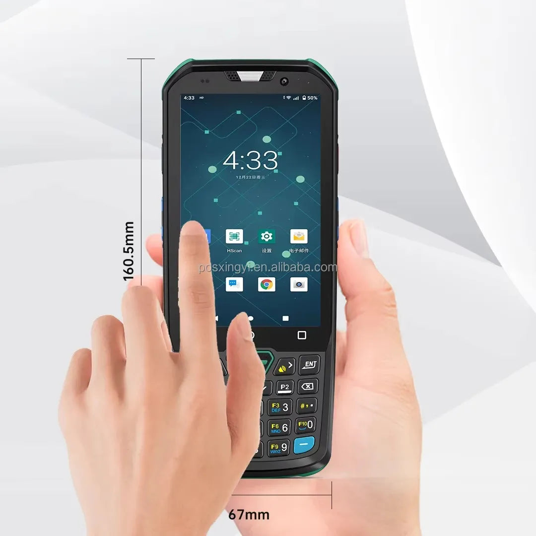 Rugged handheld barcode scanner PDA with color touchscreen, held in hands