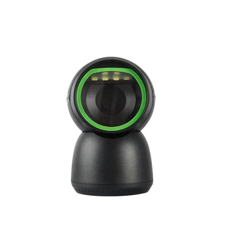 Desktop barcode and QR scanner, black body with green illuminated ring