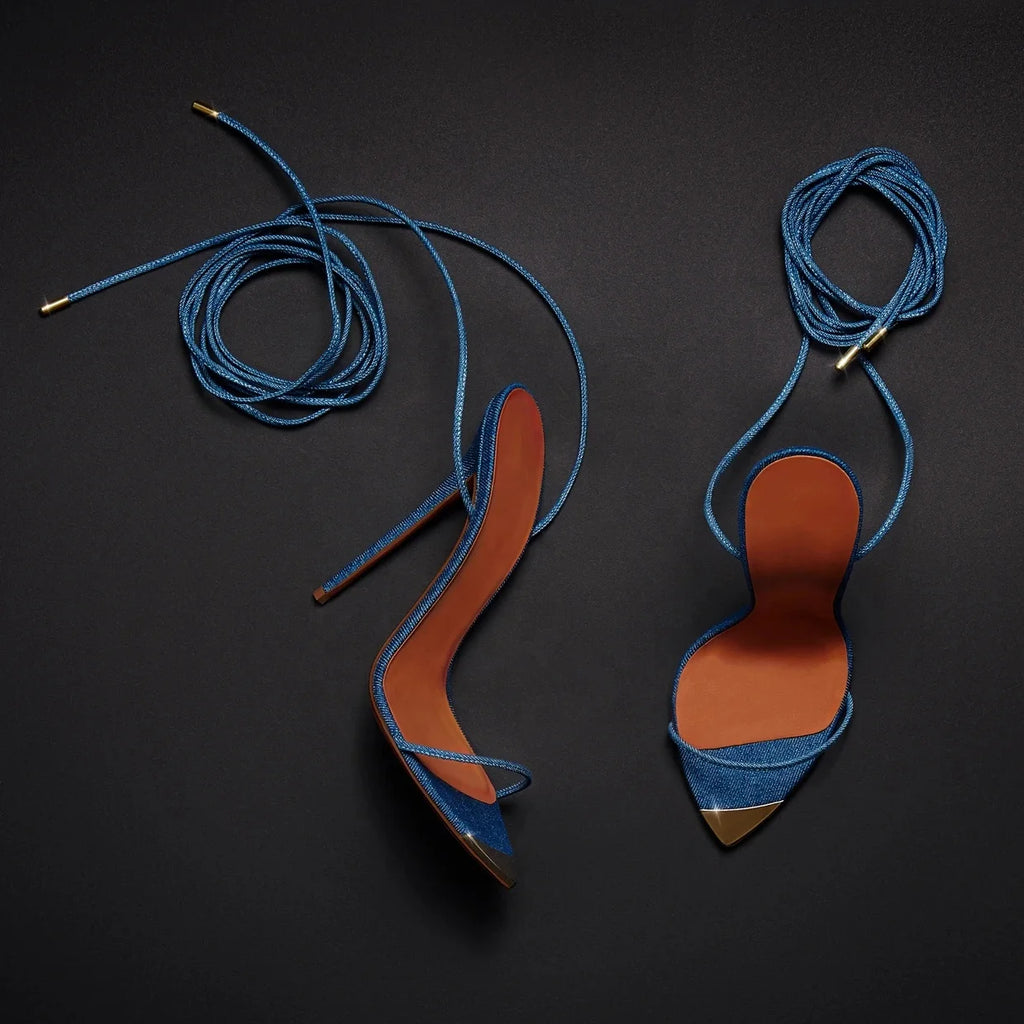 Custom logo  Drop Shipping Denim Lace up High Heel Sandal 2023 High Quality Women Heels