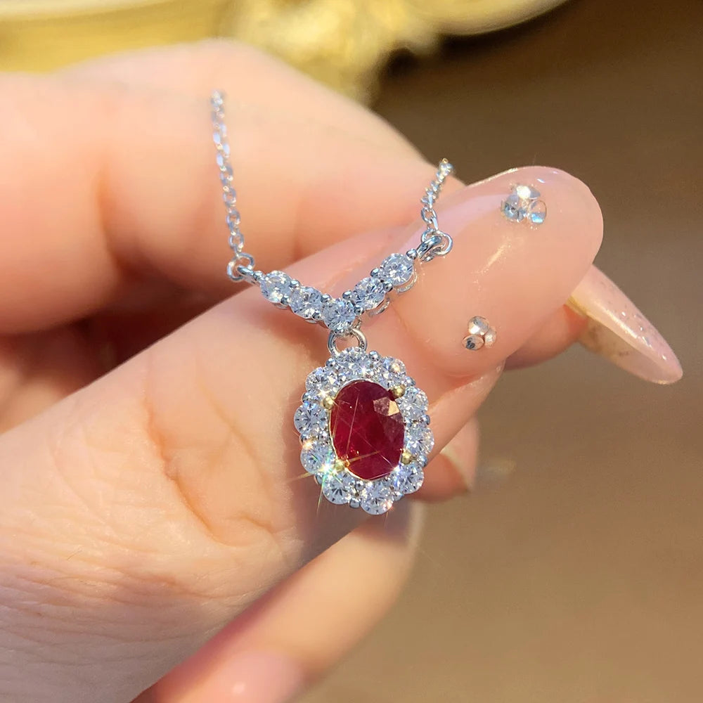 Natural Red Ruby Pendant Necklace S925 Sterling Silver Fine Jewelry for Women Fashion Gemstone Charm Anniversary Gift Wholesale