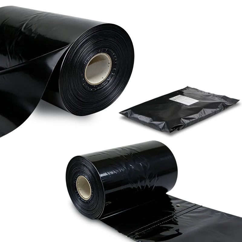 Black pre-opened auto packaging bag roll with folded loose bags, glossy plastic