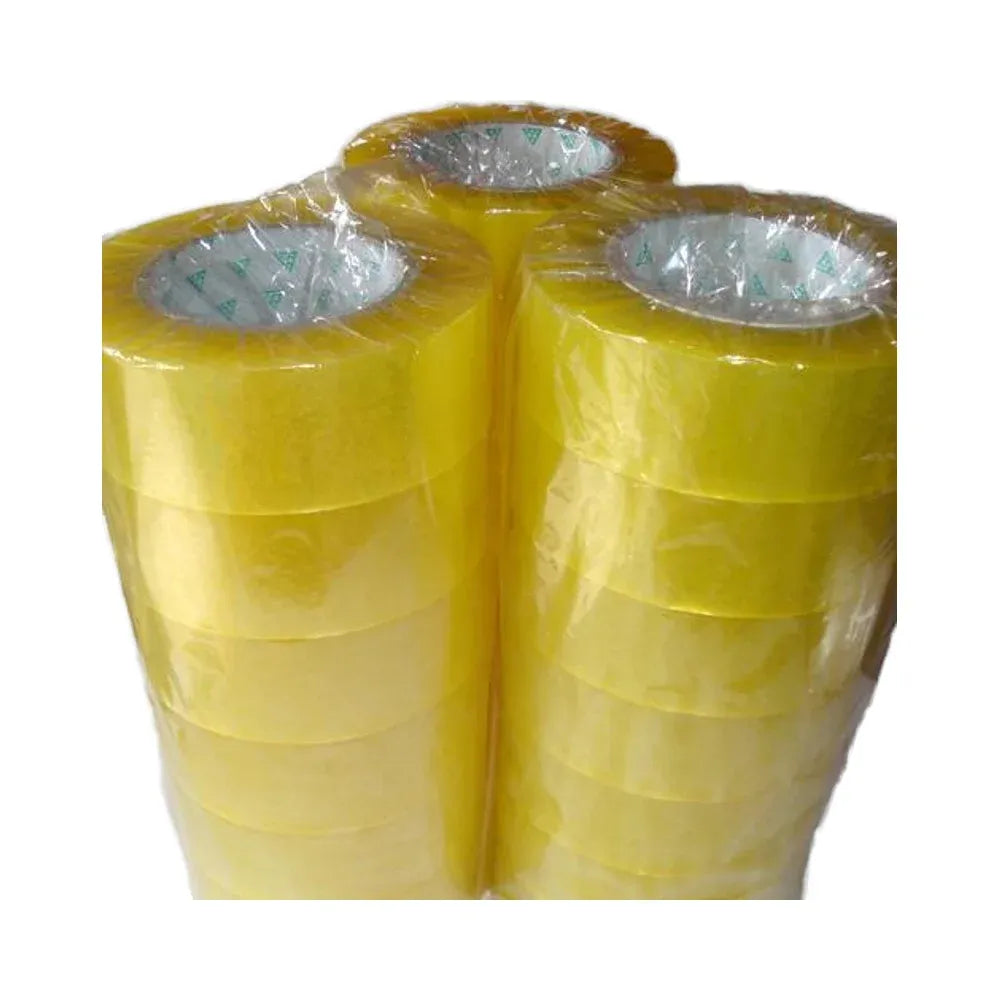 Yellow BOPP packaging tape rolls, two stacked with clear adhesive surface