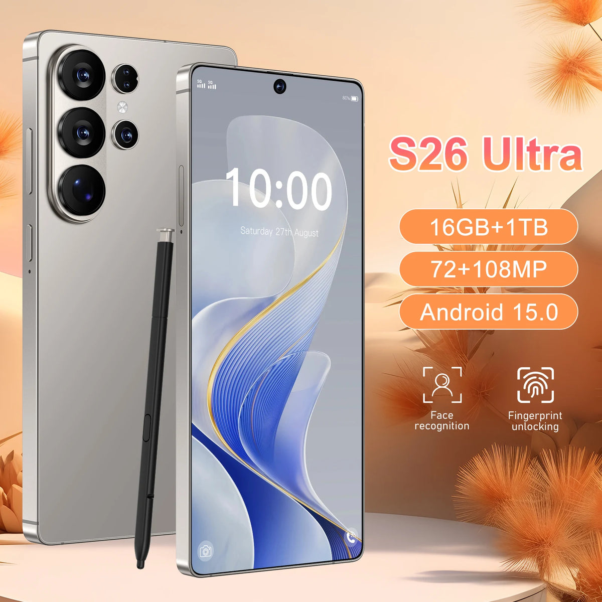Silver smartphone with quad rear cameras and stylus, large front display