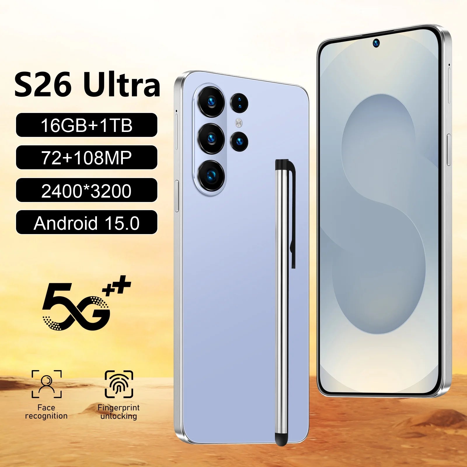 S26 Ultra 5G Smartphone with 7.3-inch display, 16GB RAM, 1TB storage, 108MP camera, and 7800mAh battery global model