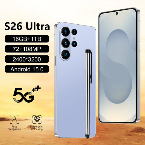 S26 Ultra 5G Smartphone with 7.3-inch display, 16GB RAM, 1TB storage, 108MP camera, and 7800mAh battery global model