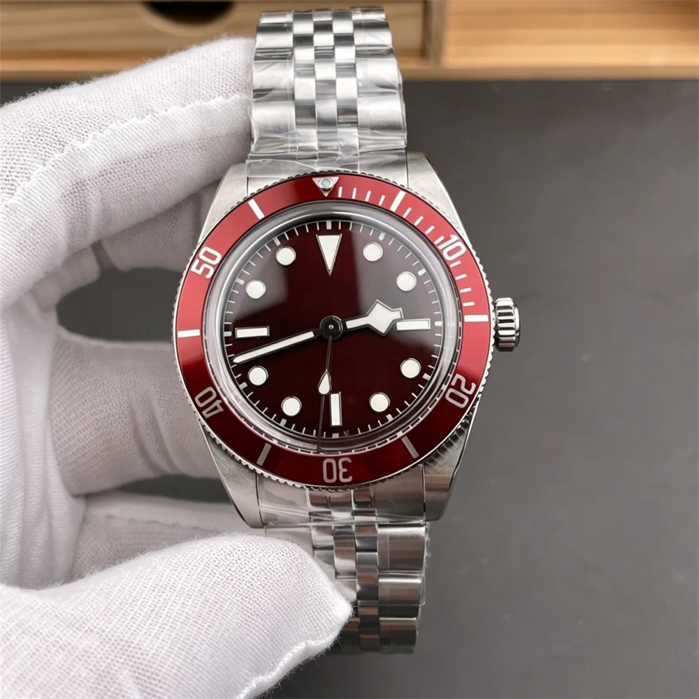 Men's Automatic Mechanical Watch Super Luminous Red Dial Red Bezel Stainless Steel Luxury Fashion Diver Watch Power Reserve