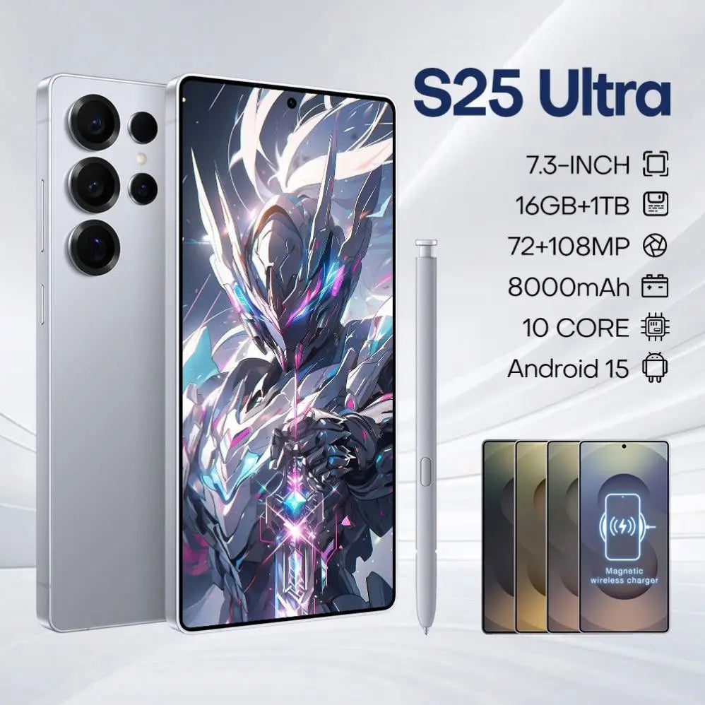 Tidesmit S25 Ultra 5G smartphone with 7.3 inch screen 16GB RAM 1TB storage and integrated stylus pen.