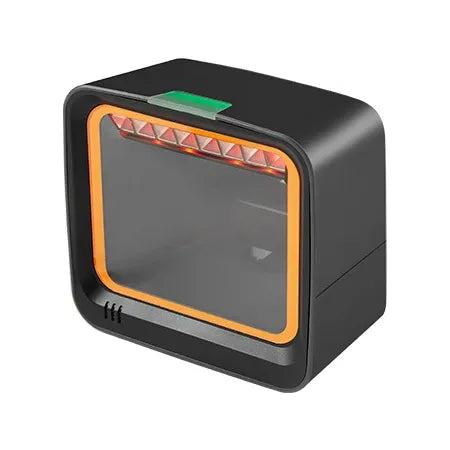 Desktop 2D barcode scanner with orange-lit scan frame, black body