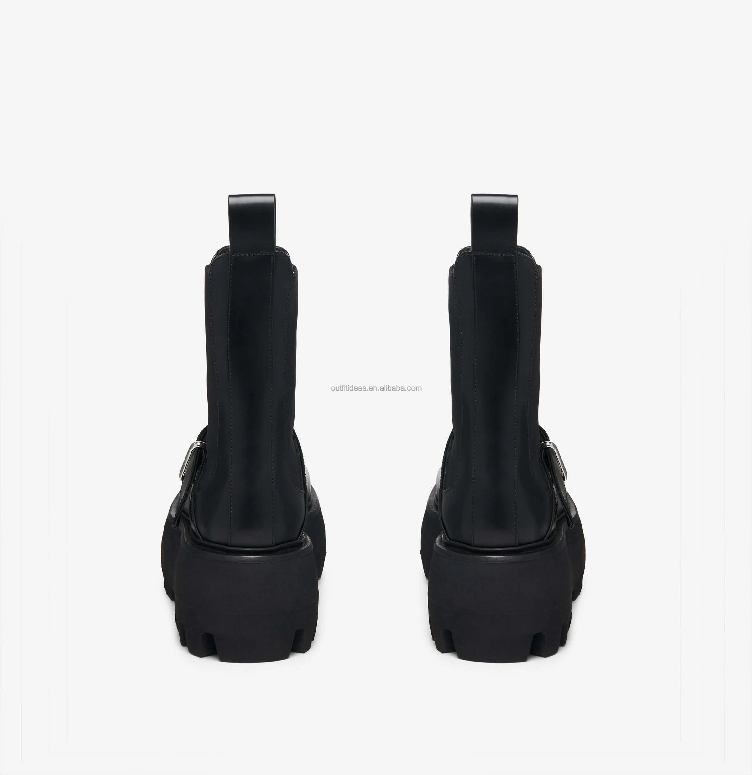 Round Toe Black Smooth Calf Leather Chunky Lug Sole Unisex Women Sofa Buckle Boot Men Dress Shoes Unisex Men Sofa Chelsea Boots