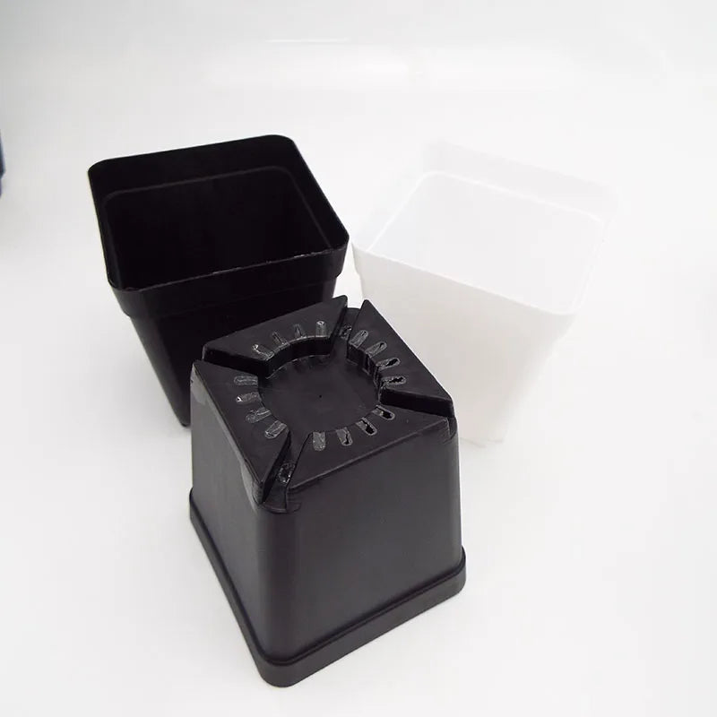 Mini plastic square planter pot with black tray insert and matching base, dark color