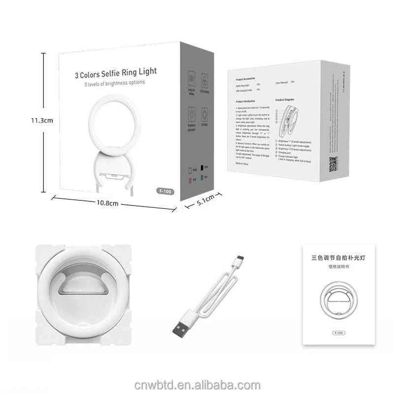 Rechargeable Mini Ring Light with Adjustable Clip Unblocked Screen Lamp for Phone Fill Beauty Lighting Made of Durable Plastic Tidesmit